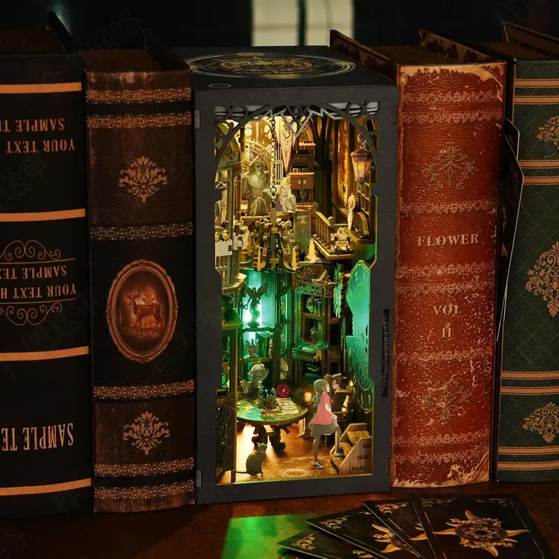 3D Wooden Puzzle Tarot Card Reading DIY Book Nook Kit with LED Lights (Battery-Required) - Unisex Miniature Dollhouse Bookshelf Insert Bookend, Home Decor, Creative & Hands-On Activity for Over 14+, Couples (DIY Assembly Fun)