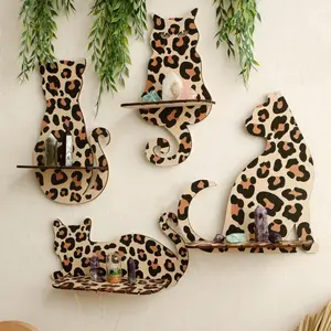 Wooden Leopard Print Cat Design Wall Mounted Shelf, Hanging Shelf, 1 Count Floating Corner Shelf, Wall Decor for Home Living Room Bedroom Bathroom