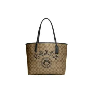 Coach City 33 Classic Monogram Tote Bag for Women, Structured Logo-Embossed Synthetic Leather Handbag in Khaki