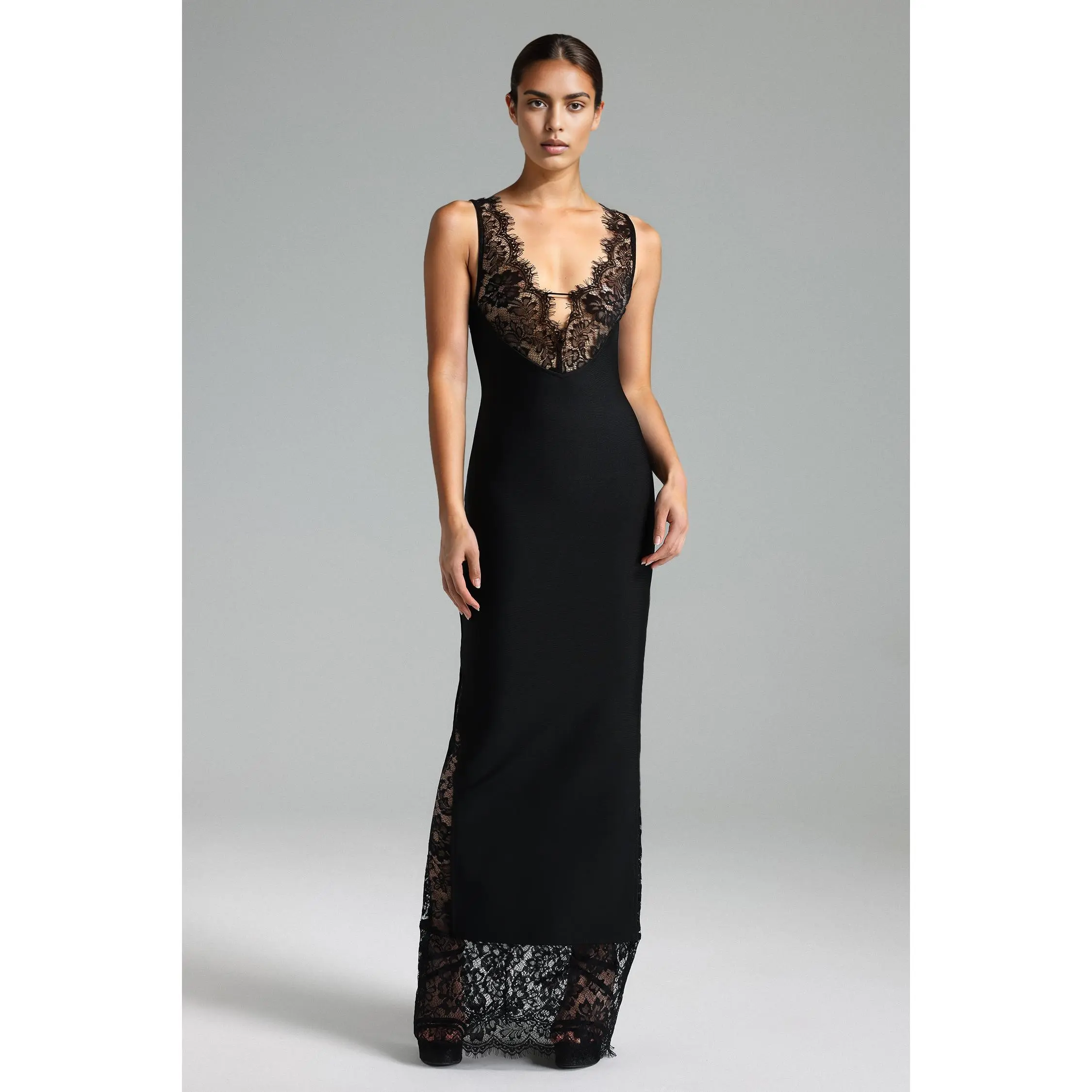 BellaBarnett Janano Lace Deep V Maxi Dress - Black - TikTok Shop