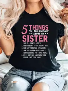 Cotton Women's Funny "5 Things About My Sister" Humor Tee - Black with Pink Lettering Short Sleeve Shirt | Slim Fit Round Neck Top for Sisters Gift, Spring Summer Casual Wear & Funny Sister Apparel