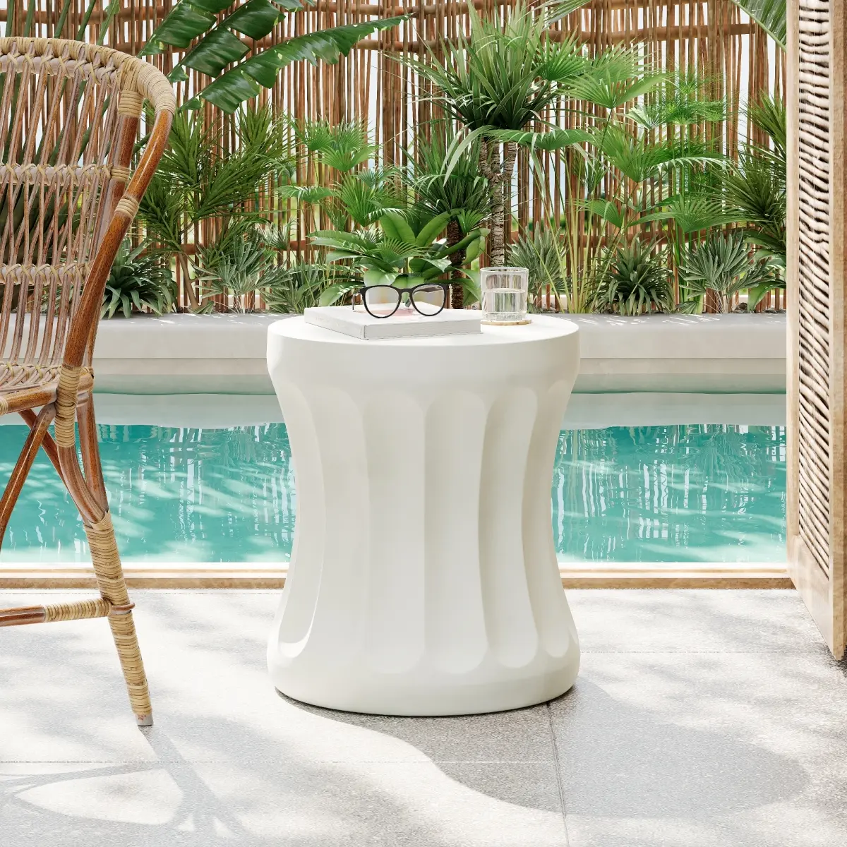 Christopher Knight Home Outdoor Round Cylindrical Concrete Side Table - Weatherproof, Antique White, Contemporary, 15.00" w x 15.00" d x 18.00" h, Round Base, Aging Durability, Ready-to-Use Mgo End Table