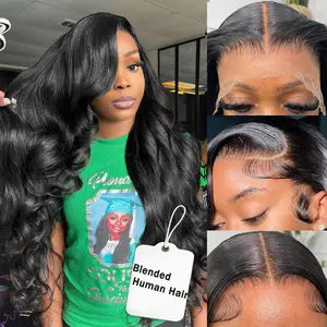32 Inch Body Wave Lace Front Wigs Blended Human Hair Pre Plucked 13x4 hd Transparent Lace Frontal Body Wave Wig for Women 200 Density Natural Black