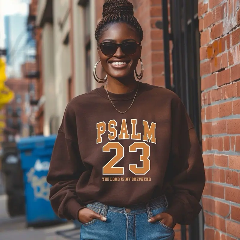 Women's Oversized Psalm 23 Graphic Sweatshirt, Brown Long Sleeve Cotton-Blend Fleece Pullover, Casual Streetwear Top, Crew Neck, Faith Statement, Style, Inspirational Lettering, Baggy, Everyday, Loose, Longsleeves, Hoodie, Round Neck, Loose Fit, Clothes,,
