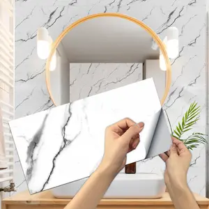 6/12/24/48 PCS FG Retro Tile Stickers Classic White Vein Marble PVC Crystal Film Self-Adhesive Waterproof Oil-Proof Splashback for Kitchen Bathroom Floor Tile Wood Home Decoration