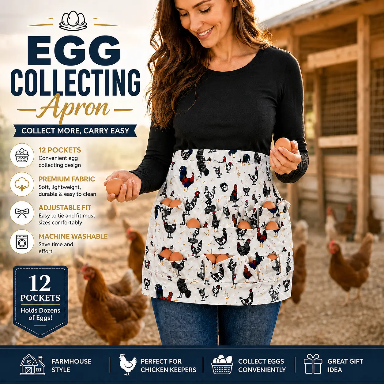 Egg Collecting Apron with 12 Pockets – Adult Apron for Chicken, Duck, Goose Eggs, Farmhouse Kitchen Gift for Housewife, Farmer, Parent-Child Activities