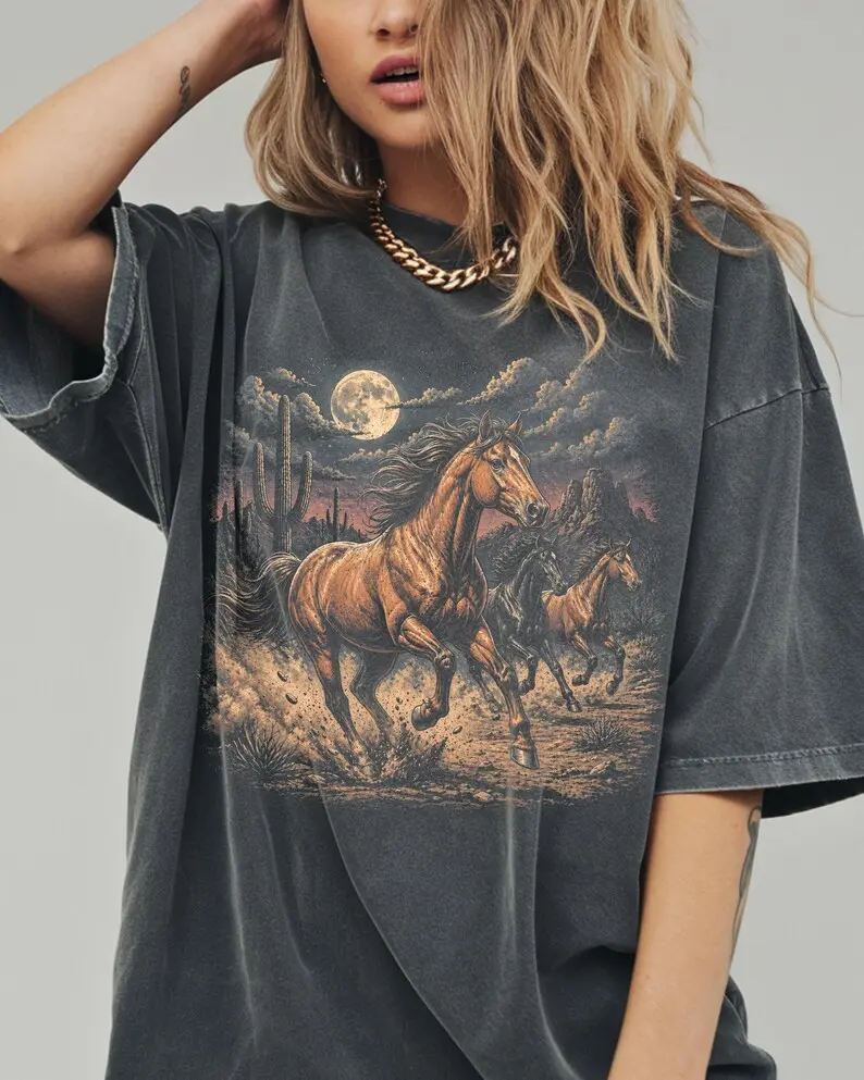 Wild Horses 90s Vintage Western Shirt - Comfort Colors Moonlit Desert Graphic Tee, Retro Cowboy Horse T-Shirt, Saguaro Cactus Country Music Concert Top