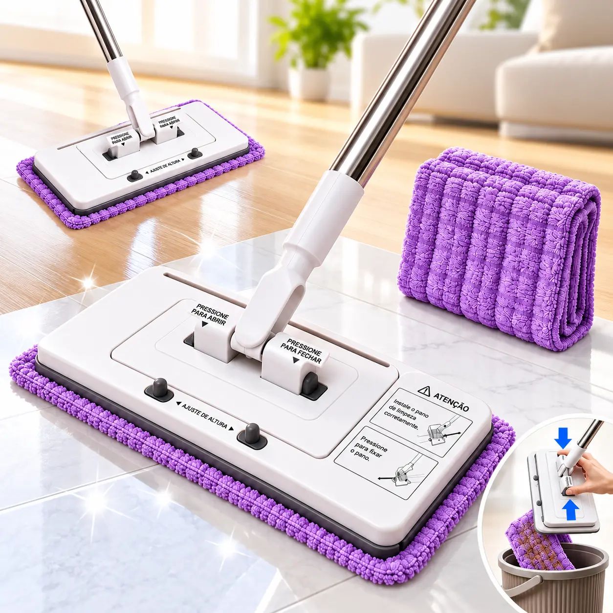 Flat Mop with Universal Clip Design, Works with Any Disposable Wipe Old Towel Cleaning Cloth, Hands Free Floor Mop for Home Hardwood Tile Floors