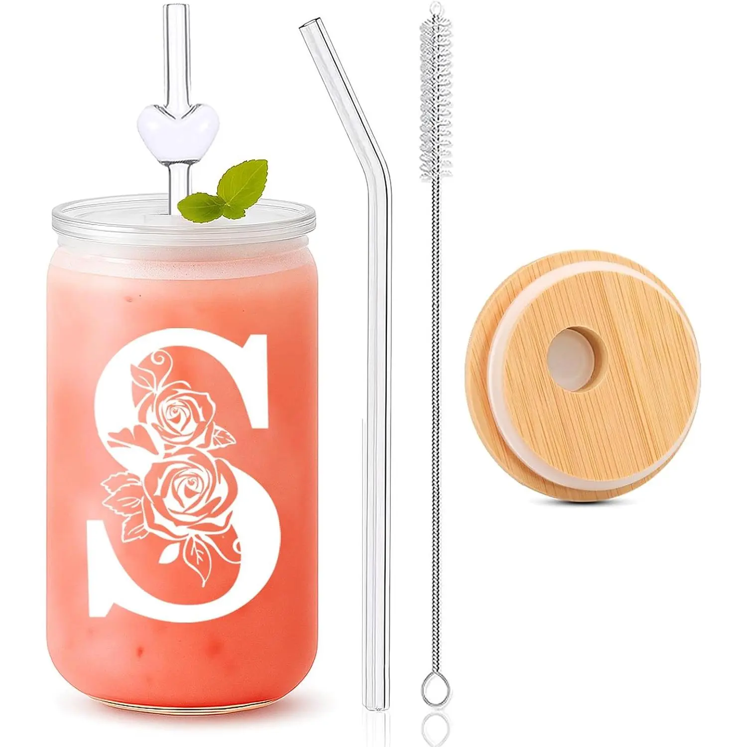 Personalized Cups for Women - 16oz Initial Glass Cup with Lid & Straw - Cute Glass Tumbler with Straw and Lid,Monogrammed  for Teacher, , or Thank You Appreciation-S