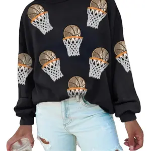 Black Basketball Patched Gameday Crewneck Graphic Sweatshirt - Women’s Wear Tops Comfort Long Sleeve Casual