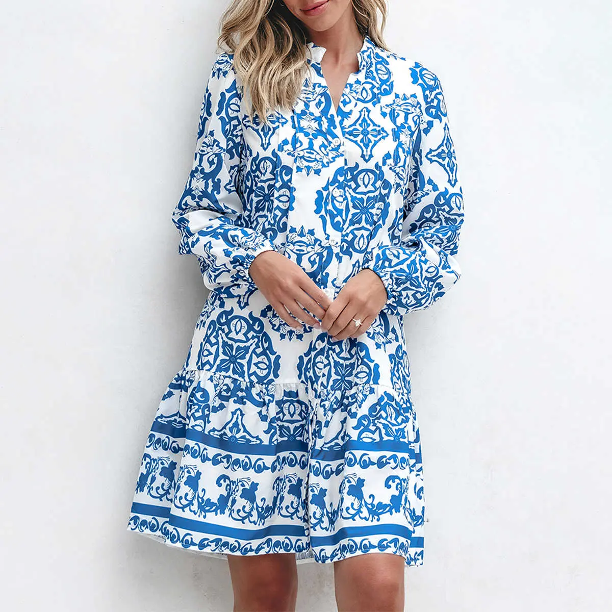 Sky Blue Tribal Print Button Up Notch Neck Loose Mini Dress
