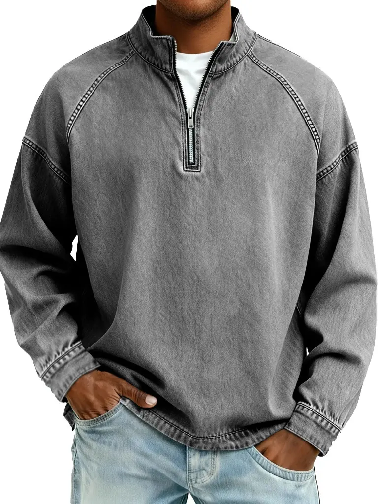Men's Summer Loose Long-Sleeve Polo Shirt - Menswear Top with Stand Collar, Front Zipper, Casual Slimming Effect, Suitable for Driving Trips, Camping Stylish Outdoor