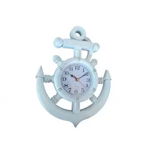 212 MAIN 15 in. Fully Functional Vintage Wall Clock - Handcrafted Whitewashed Ship Wheel with Anchor Shape Design, Nautical Home Decor, Nautical Decor