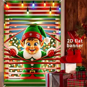 1pc Christmas Window Decoration Banner, Festive Elf Curtain Decor, Party Decoration Supplies, Perfect for Holiday Parties, Home & Outdoor Decoration
