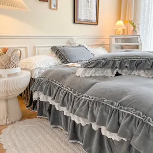 3-Piece Princess Style Flannel Bedding Set, Includes 1 Duvet Cover & 2 Pillowcases, Soft Warm Winter Bed set for Girls' Room Decorative Bedding Set Single Double Queen King size