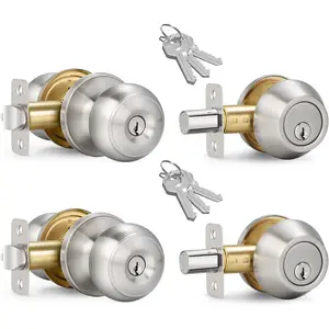 2 Sets Entry Door Knob and Single Cylinder Deadbolt Combo Set, Keyed Alike Round Ball Satin Nickel Exterior Door Knobs with Lock and  for Entrance and Front Door