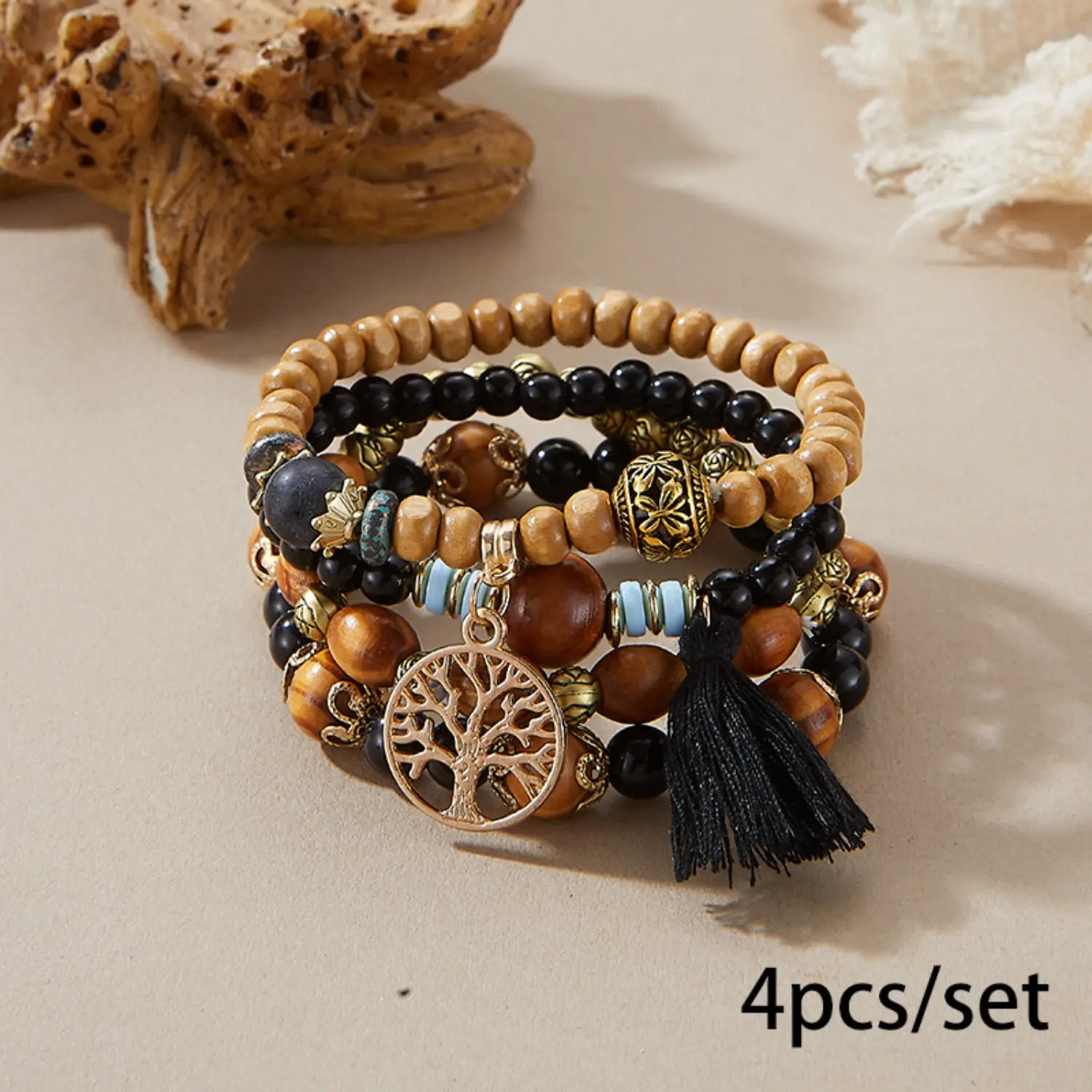 Bohemian Multi-Layer Wooden Bead Elastic Sports Wristband - European-American Style Jewelry, Wholesale Sports & Outdoor Accessory, Elastic Sports Wristbands