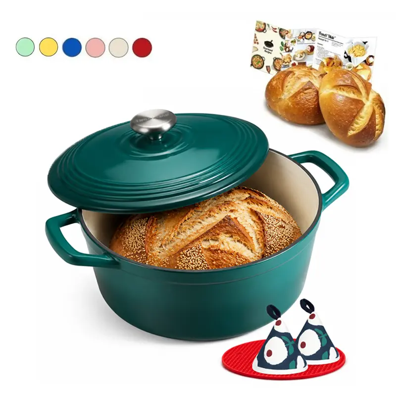 Overmont Smooth Enameled Cast Iron Dutch Oven - 5.5QT Pre-Seasoned Induction Pot, Thermal Heavy-Duty Kitchen Cookware with Wide-Handle Lid, Cookbook, Cotton Potholders, Oven-Safe to 500°F for Braising, Roasting, Family Meals