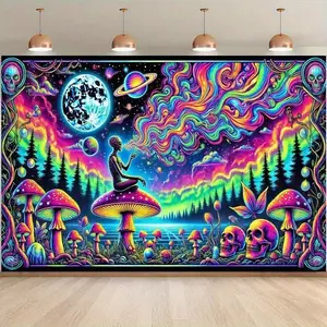 Vibrant psychedelic space tapestry - polyester wall hanging tapestry, featuring surreal alien landscape design, starry sky patterns, and unique mushrooms, perfect for decorating skulls and cosmic elements in living rooms, bedrooms, or parties