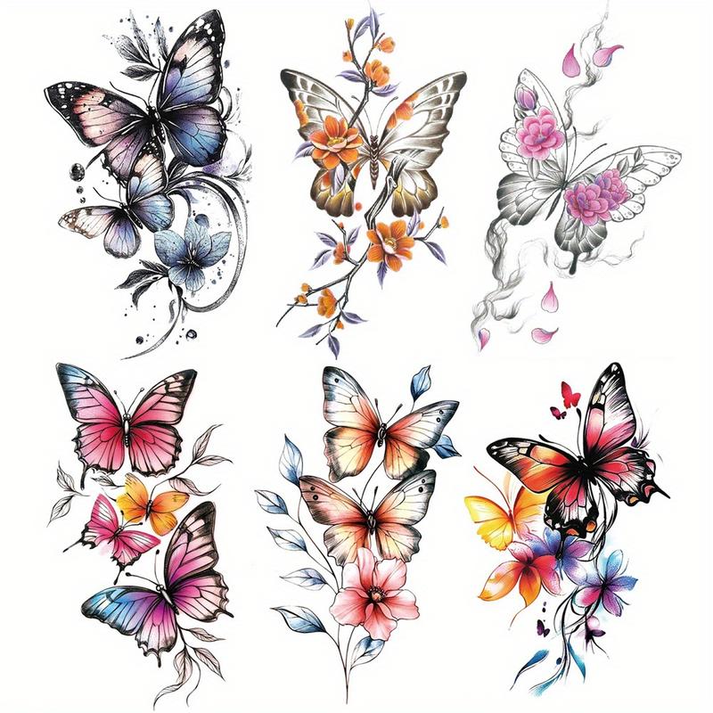 Women's 6-Pack Nontoxic Waterproof Temporary Tattoo Sheets - Normal, Solid, PVC Glitter, Assorted Floral & Butterfly Body Art for Children, No Battery Needed, Single Item