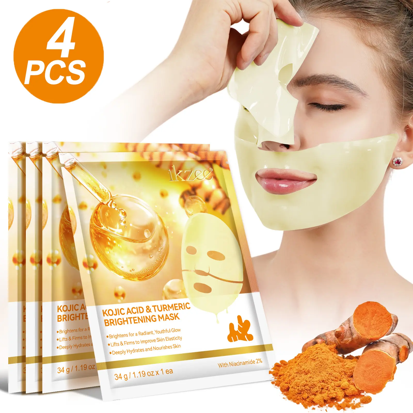 ikzee kojic acid&turmeric brightening Radiant mask 4 Pack, Contains Collagen, Kojic Acid, Niacinamide, Turmeric, Hydrating, Moisturizing & Firming Skin, Unisex