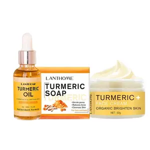 LANTHOME 3pcs/Set Facial Care Kit With Turmeric Series - Turmeric Soap, Turmeric Essence, Turmeric Face Cream - Antioxidant Skincare Set Comfort