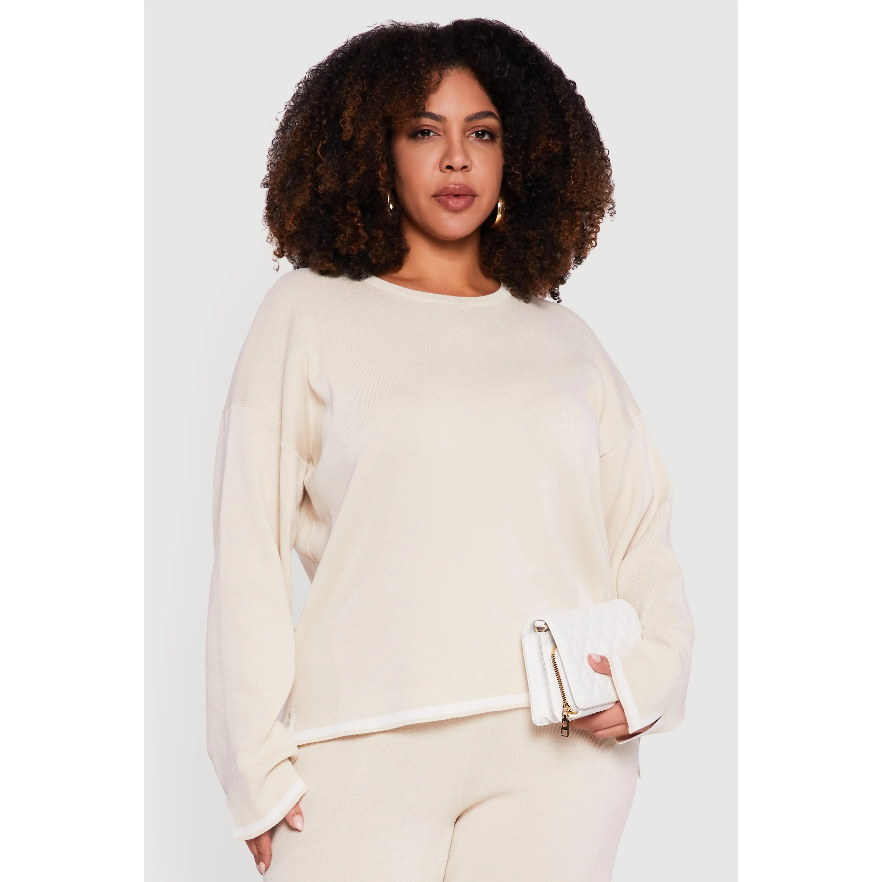 Plus Size Long Sleeve Contrast Trim Sweater
