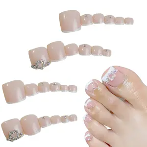 French Tip Press on Toenails for Women, White Square Fake Toe Nails with Classy Heart Rhinestone, Natural Acrylic Toe Press ons, Perfect for Wedding & Special Occasions