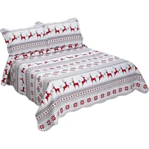 Rich Printed Embossed Pinsonic Coverlet Bedspread Soft 3 Piece Summer Set with 2 Quilted Shams, Christmas Deer Pattern Taupe Grey Color Queen/Full Size