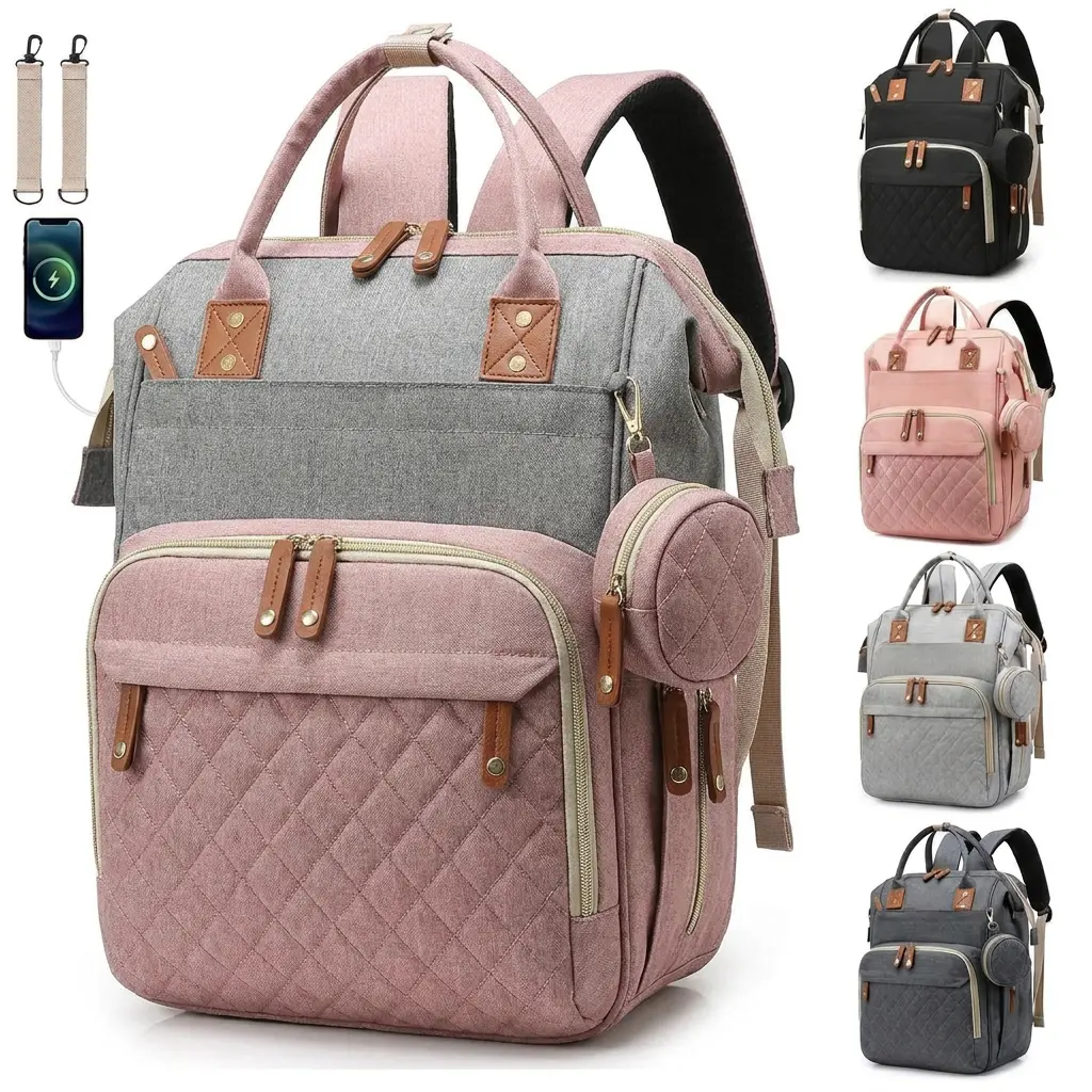 Large Capacity Baby Diaper Backpack, Waterproof Oxford Travel Tote with Stroller Straps, Insulated Compartments & USB Charging Port, Practical Baby Shower Gift