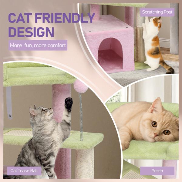 Cat Tree House And Towers For Big Feline Scratching Post Multi-Level Large Kitty Climbing Tower With Curved Perch Cozy Condo Padded Top Bed Kittens Indoor Cats Beige Green，Fashion Accessories Fabric Buddy