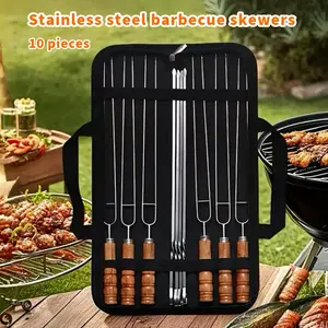 Stainless steel barbecue skewers, 10 pieces, reusable, stainless steel skewer set for barbecue, cooking utensils, thickened anti-bending stainless steel skewers, outdoor picnic, barbecue set, suitable for meat cooking, outdoor camping and indoor barbecue