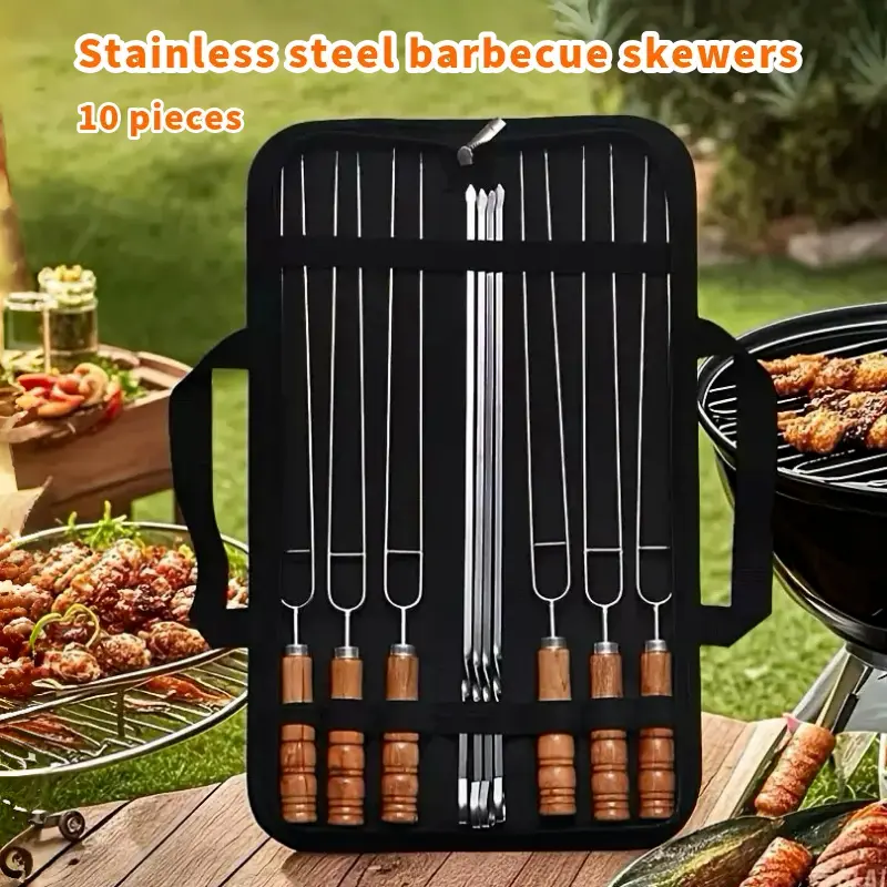 Stainless steel barbecue skewers, 10 pieces, reusable, stainless steel skewer set for barbecue, cooking utensils, thickened anti-bending stainless steel skewers, outdoor picnic, barbecue set, suitable for meat cooking, outdoor camping and indoor barbecue