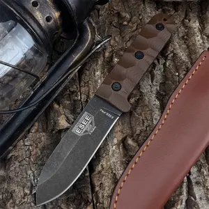 New Pr4 Multifunctional Fixed Blade Knife, Outdoor Camping Hiking Knife, D2 Blade, Linen Handle, Includes Cowhide Sheath