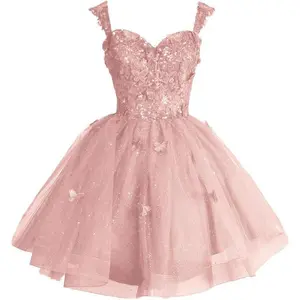 Shoulder Glitter Tulle Homecoming Dresses for Teens 3D Butterfly Short Prom Dress Sequin Quinceanera Dresses