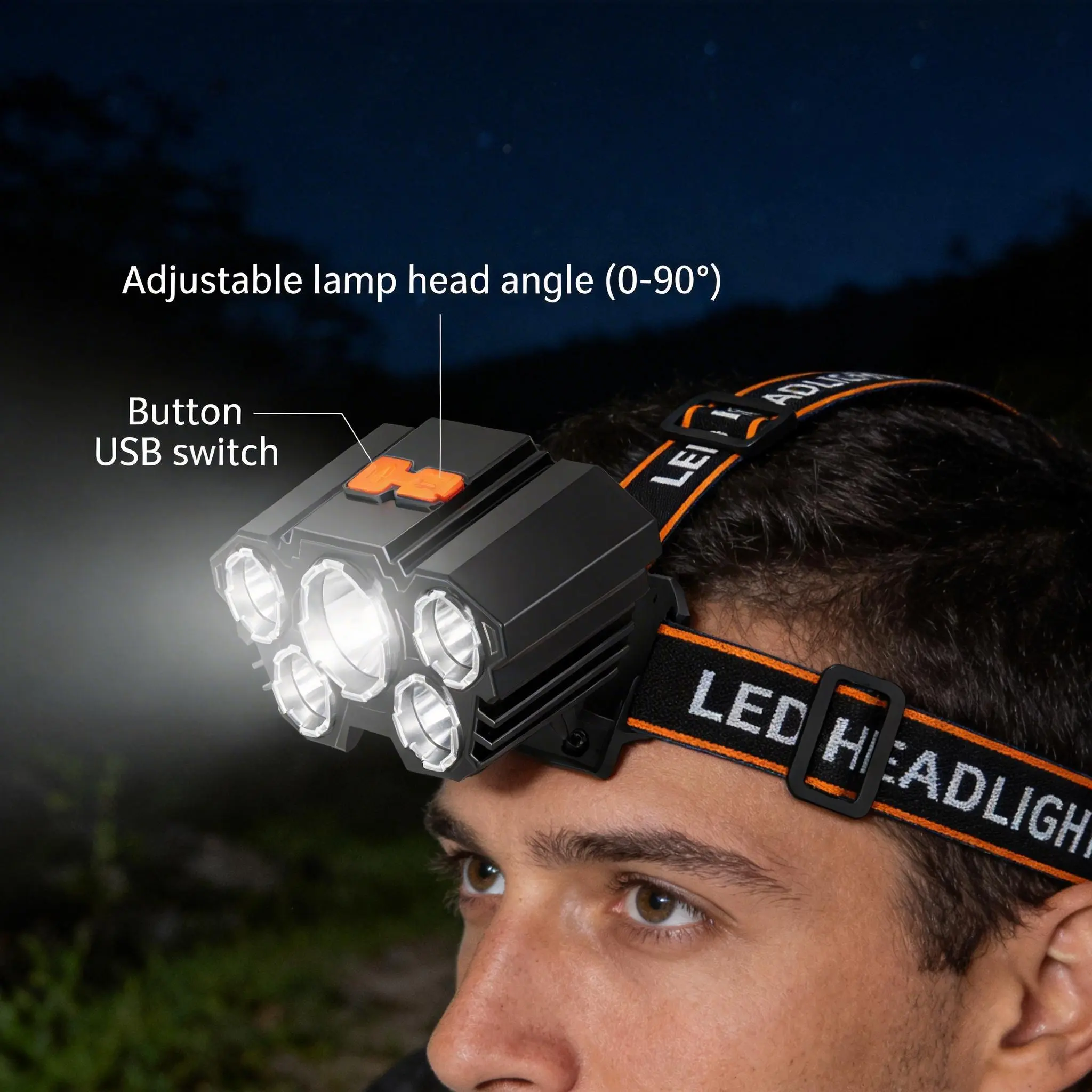 Buy 1 Get 1 Free Adults' Multifunctional 5-LED Headlamps (2-Pack) - High Lumens Flashlight, USB Rechargeable with USB Cable, 4 Light Modes, LED Lights, Ideal for Camping, Car Repair, Car Lighting