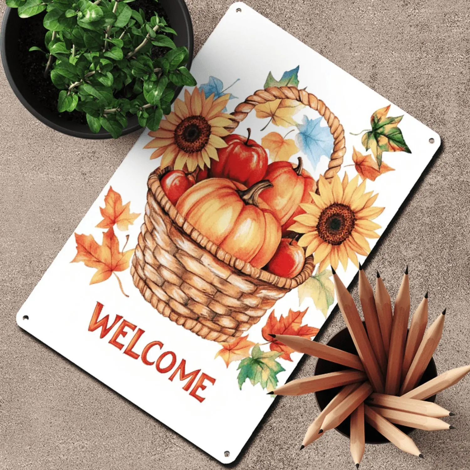 Vintage Fall Harvest Tin Sign - Welcome Wall Decor with Pumpkins, Sunflowers, Maple Leaves & Welcome Banner - Durable Metal Thanksgiving & Autumn Decoration for Farmhouse, Porch, Garden