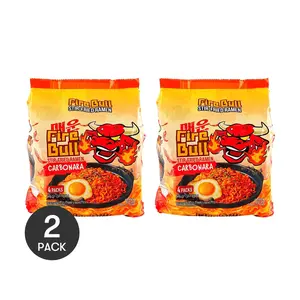 2 Pack FIRE BULL Korean Spicy Stir-Fried Ramen Noodles - Creamy Bacon Flavor, 4-Bundle Packs, 476g Each - Authentic Korean Instant Noodles for Quick & Delicious Meals