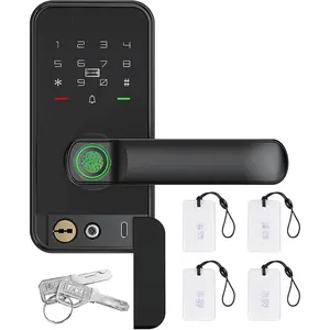 Keyless Entry Door Lock with Handle, Door Locks for Bedroom, Auto Lock, Fingerprint Door Knob with Key, Passcode, Digital  Code & Front Handle Sets-Black