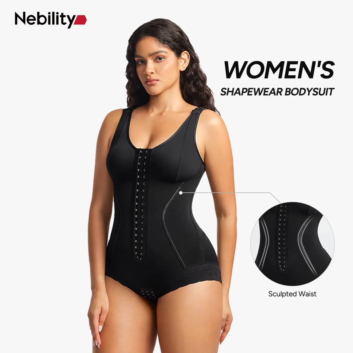Nebility Women's Minimalist High-Waisted Butt Lifter Bodysuit - Tummy Control Bodysuits, Adjustable Back Straps, Postpartum Abdominal Support, Snatched Waist Plain Compression Underwear, Abdominal Support Shapewear Bodysuit
