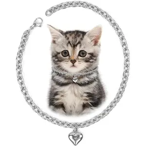 Trendy Paws Dog Collar and Cat Chain Necklace Stainless Steel Adjustable 18K Sliver Heart-Shaped Necklace for Small Pets Cats Kitten Puppy