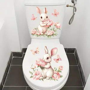 Cute Rabbit and Peony Toilet Sticker, Removable Self-Adhesive Floral Butterfly Decal, Bathroom Toilet Seat Decoration, Home Easter Decor, Bathroom Decorations, Bathroom Decoration Accessories, Bathroom Decor Supplies