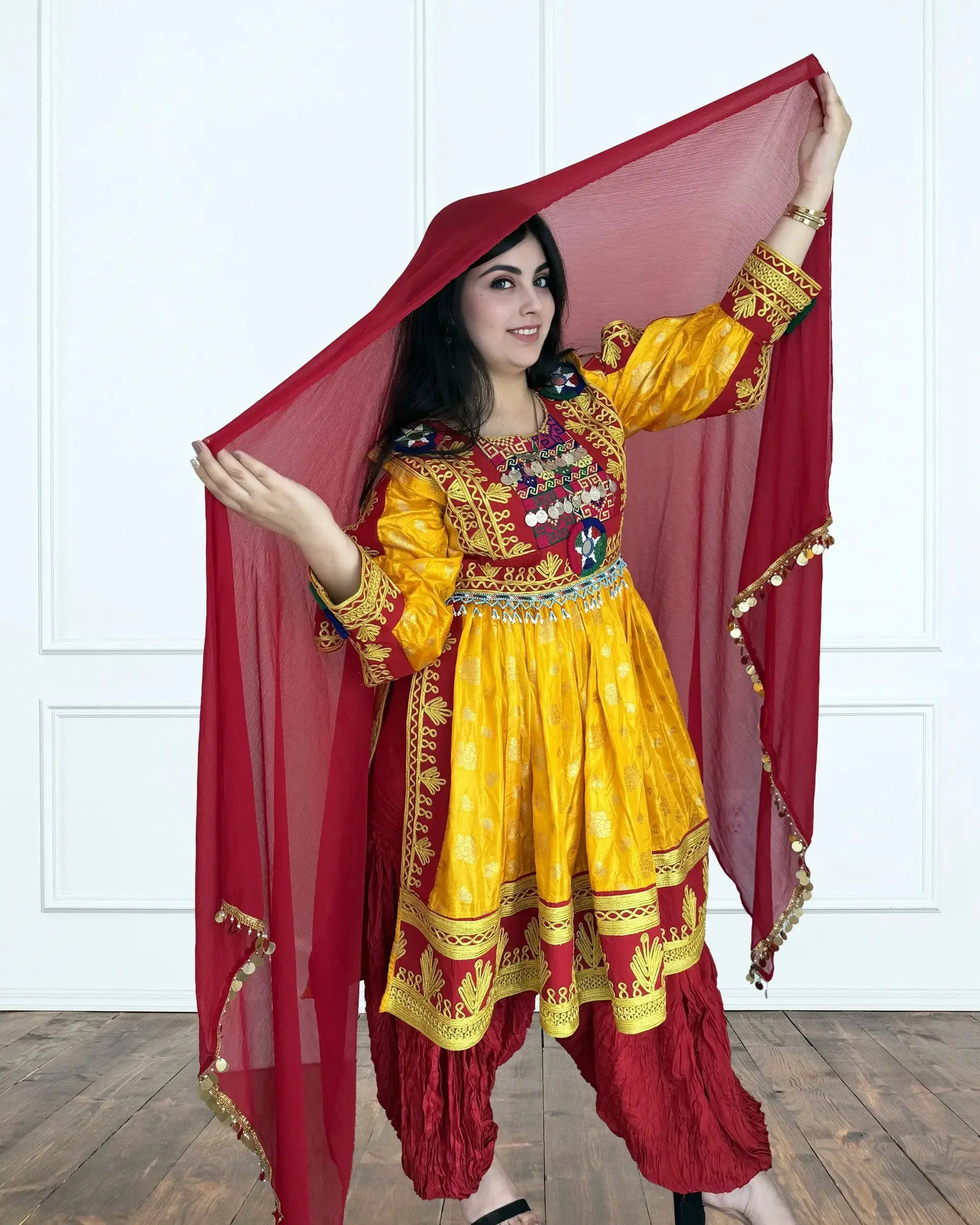 Women's Traditional Afghan Kochi Clothes, 3-Piece Embroidered Chiffon Dress Set with Coin Accents, Trousers, and Scarf for Special Occasions, Fabric, Matching
