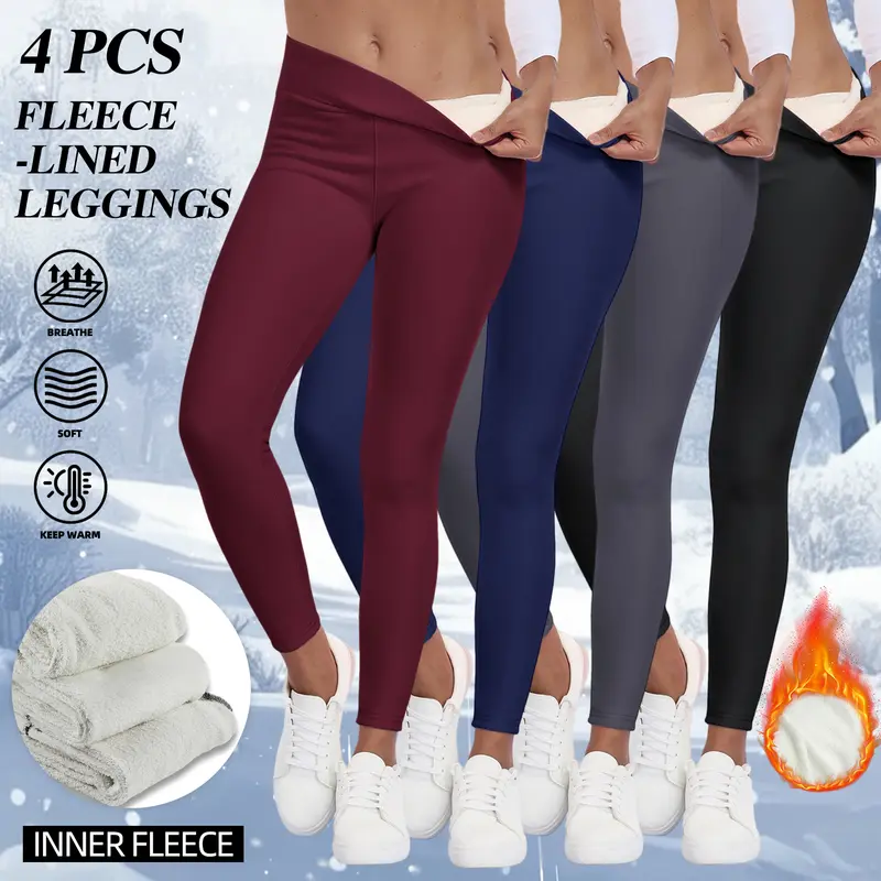 Women's 4-Piece Stretchy High Waist Fleece Line Leggings - High Waisted Athleisure Wear, Black+Dark Gray+Pink Autumn Winter Warm Gym Yoga Outdoor Bottoms
