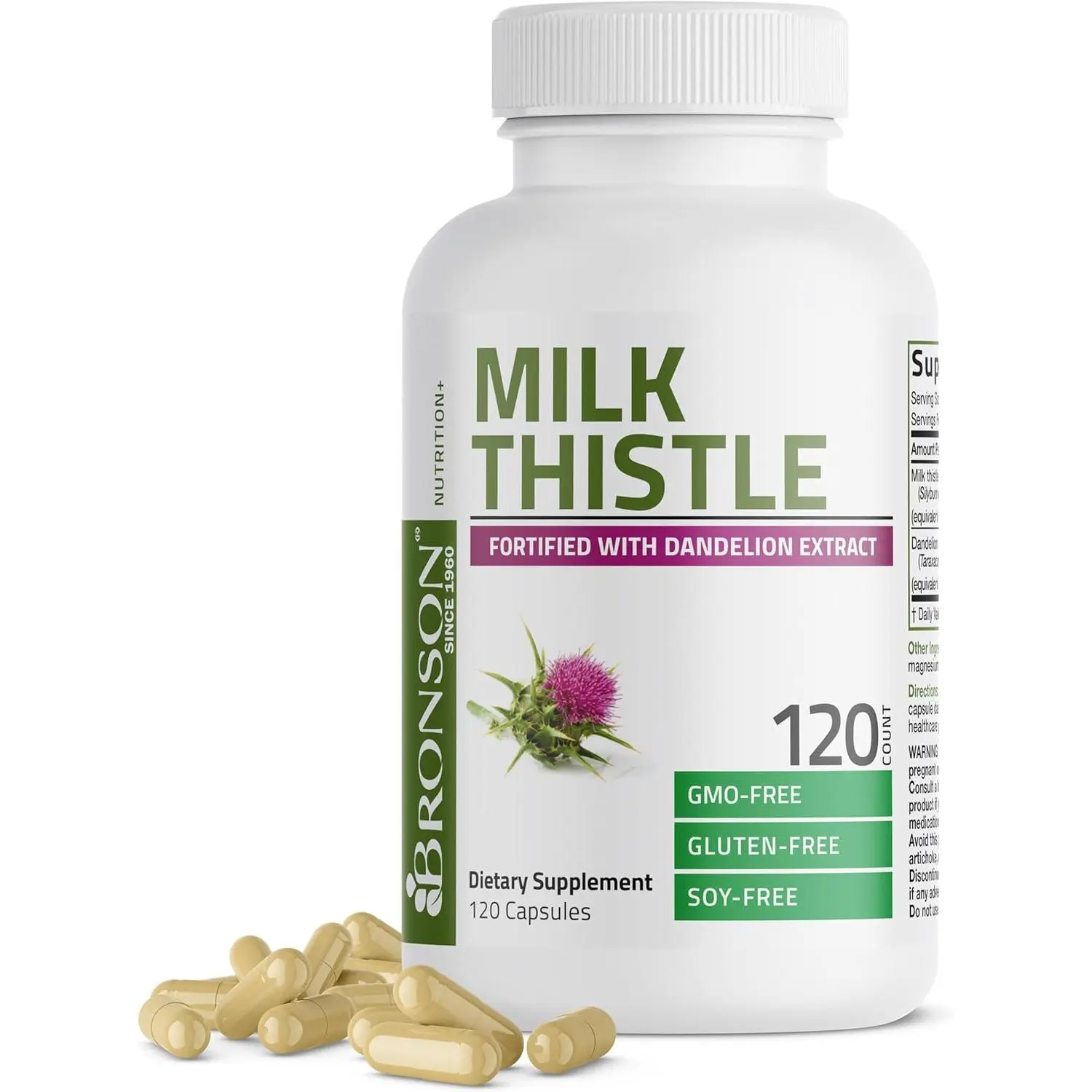 Bronson Milk Thistle Silymarin Marianum & Dandelion Extract Liver Health Support, Antioxidant Support, Detox, 120 Capsules
