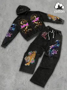 Men's Dragon Tiger Print Two-Piece Set, Spring Fall Thin Hooded Sweatshirt, Casual Sport Pants, Trendy Leisure