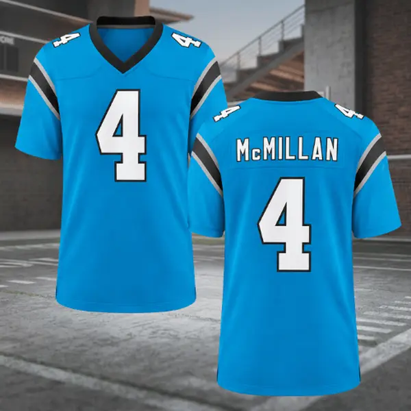 Full Print Blue and White McMillan #4 Football Jersey, Breathable Men's V Neck Short Sleeve Athletic Tee, Dynamic Team Uniform Style, Sports Fan Merch, Player Number Print Design, Cool Unisex Gift for Football Fans