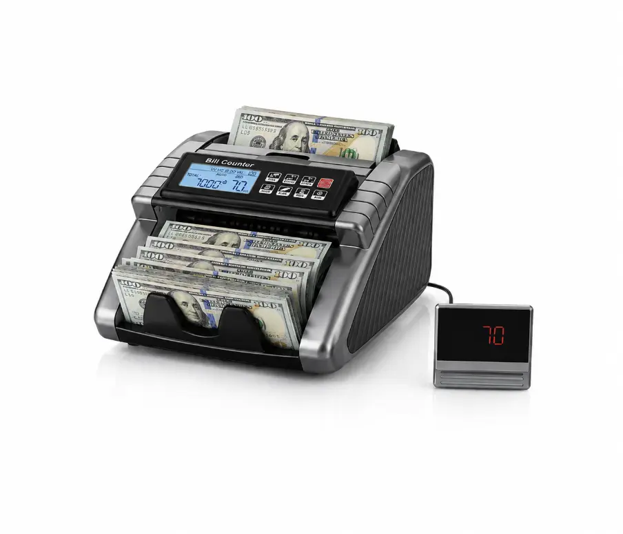 Money Counter Machine with USD & EUR Value Counting, UV-MG-IR-DD-DBL-HLF-CHN Counterfeit Detection, LCD Display, Count-ADD-Batch-AUTO-Manual Modes, 1300 Notes/Min