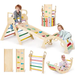 Pikler Triangle Set Toddler Climbing Toys Indoor with Ramp, Arch and Foldable Triangle, Easy Assembly Playground Jungle Gym for Kids