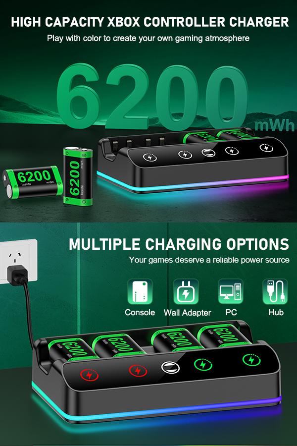 ESYWEN 4X 6200mWh Rechargeable Battery Pack for Xbox One/Series S/X Controller – Charging Station Compatible, with Extended USB-C Cable